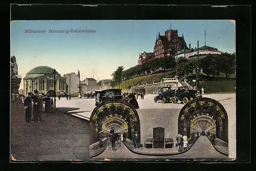 Künstler-AK Hamburg-Steinwärder, Strassenpartie am Elbtunnel und Innenansicht mit Kutsche und Fussgängern