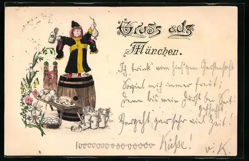 Präge-Lithographie München, Münchner Kindl auf Bierfass hinter Rettich und Weisswurst