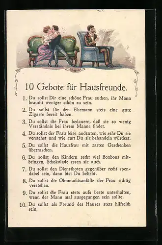 Künstler-AK 10 Gebote für Hausfreunde, frauenfeindlicher Humor