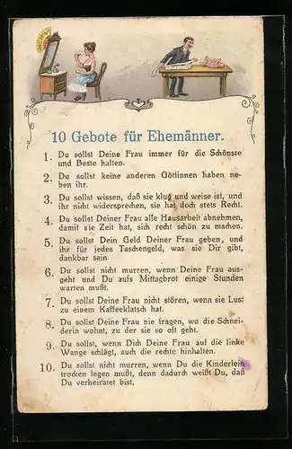 Künstler-AK 10 Gebote für Ehemänner, frauenfeindlicher Humor