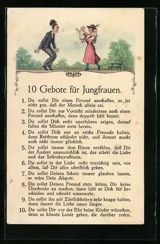 Künstler-AK 10 Gebote für Jungfrauen, frauenfeindlicher Humor
