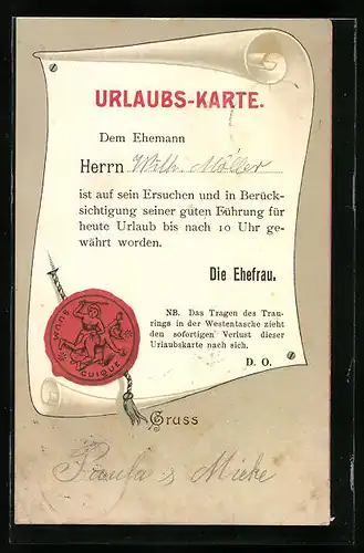 Künstler-AK Urlaubs-Karte für den Ehemann, frauenfeindlicher Humor