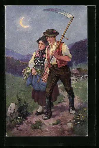 Künstler-AK Paar in Tracht mit Sense, Landwirtschaft