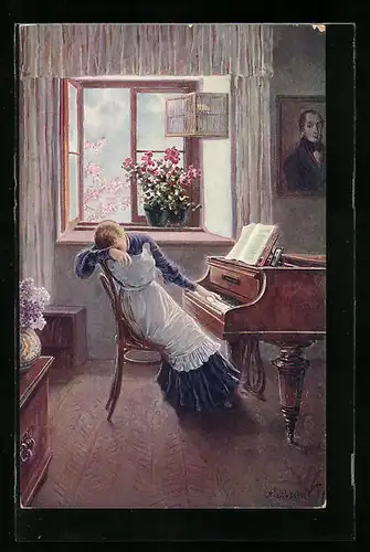 Künstler-AK Adolf Liebscher: Sein Lied, Dame am Klavier