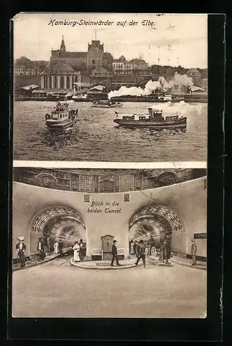 AK Hamburg-St. Pauli, Elbtunnel, Steinwärder auf der Elbe