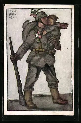 Künstler-AK Richard Klein: Soldat in Uniform mit Kind auf dem Arm