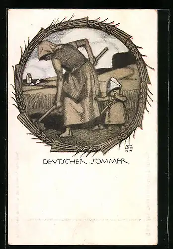 Künstler-AK Richard Klein: Deutscher Sommer, Arbeiterin auf dem Feld mit Kind