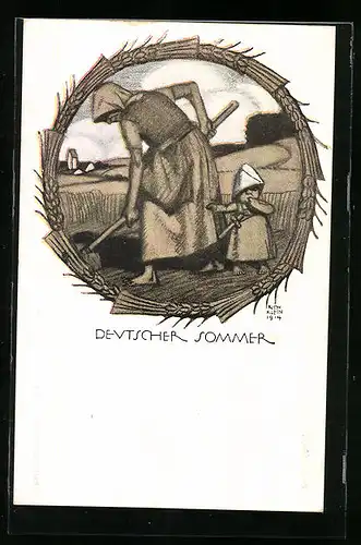 Künstler-AK Richard Klein: Deutscher Sommer, Arbeiterin auf dem Feld mit Kind