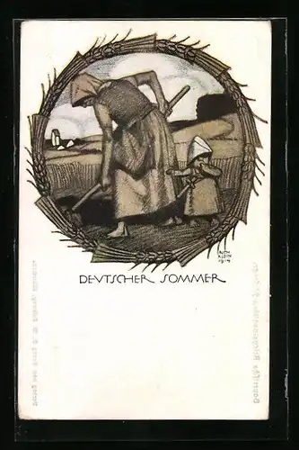 Künstler-AK Richard Klein: Deutscher Sommer, Arbeiterin auf dem Feld mit Kind