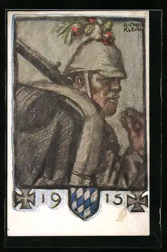 Künstler-AK Richard Klein: Soldat in Uniform mit Karabiner und Ausmarschgepäck