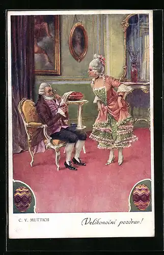 Künstler-AK Camil Vladislav Muttich: Barockes Paar zum Osterfest