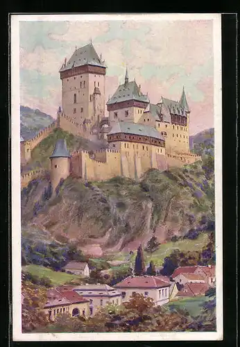 Künstler-AK Camil Vladislav Muttich: Karlstejn, Blick zur Burg