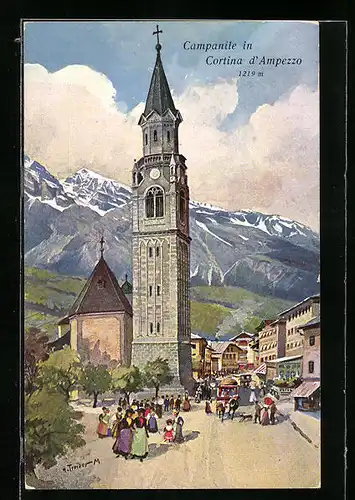Künstler-AK Hans Treiber: Cortina d`Ampezzo, Campanile