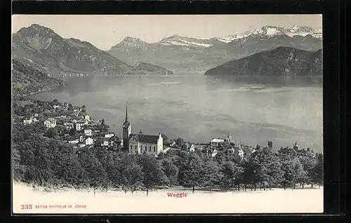 AK Weggis, Ortsansicht mit See und Bergen