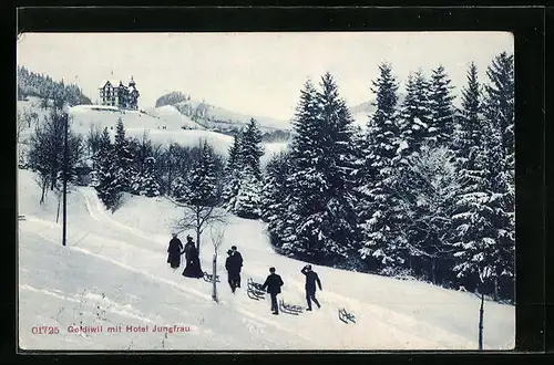 AK Goldiwil, Ortsansicht mit Hotel Jungfrau im Winter