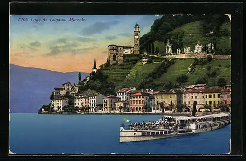 AK Morcote /Lago di Lugano, Ortsansicht mit Ausflugsdampfer