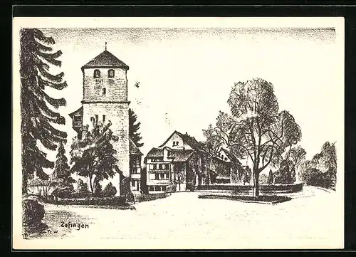 Künstler-AK Zofingen, Blick zum Pulverturm