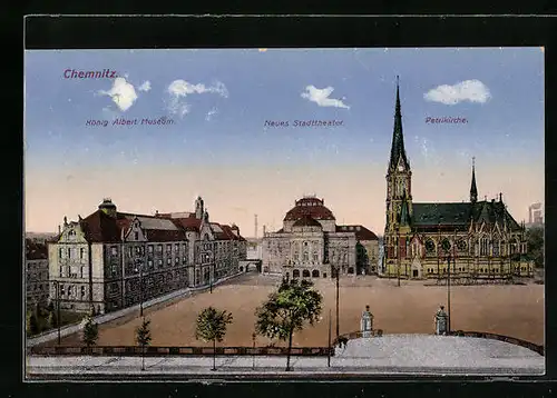 AK Chemnitz, König Albert Museum, Stadttheater und Petrikirche
