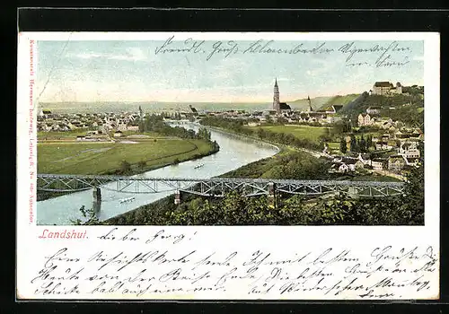 AK Landshut, Ortsansicht mit Brücke aus der Vogelschau