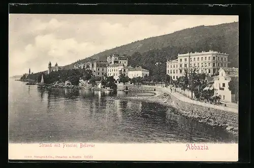 AK Abbazia, Strand mit Pension Bellevue