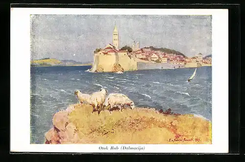 Künstler-AK Otok Rab, Ortsansicht mit Umgebung