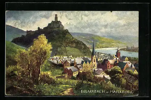 Künstler-AK Braubach, Teilansicht mit Kirche und Marxburg
