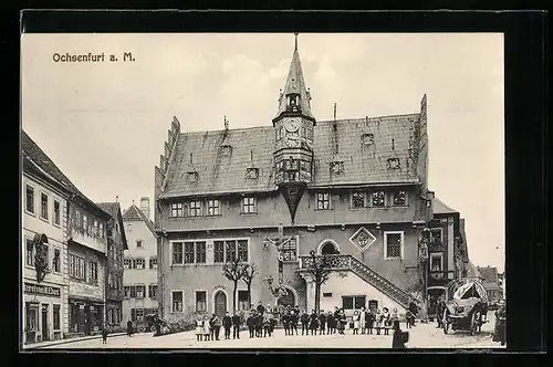 AK Ochsenfurt a. M., Rathaus mit Druckerei von M. Ebert und Jesuskreuz