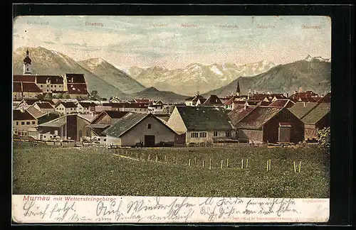 AK Murnau, Teilansicht und Wettersteingebirge mit Esterberg, Alpspitze und Zugspitze