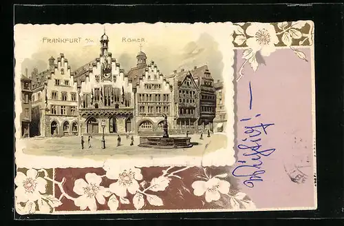 Präge-Lithographie Alt-Frankfurt, Römer mit Brunnen