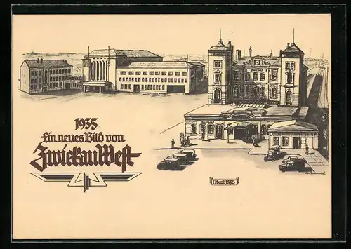 Künstler-AK Zwickau, Alter und neuer Bahnhof, Ein neues Bild von Zwickau West 1935