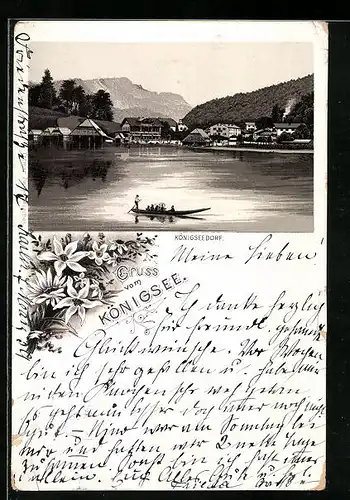 Lithographie Königsee, Blick zum See mit Bootspartie