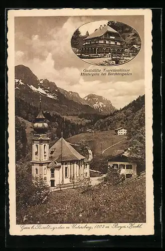 AK Hintergern b. Berchtesgaden, Kirche und Gaststätte Theresienklause