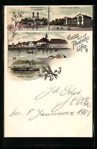 Lithographie Friedrichshafen, Kurhaus und Bodensee Dampfer