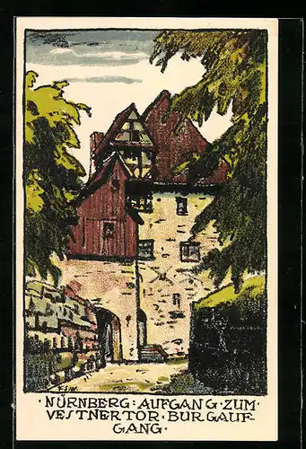 Steindruck-AK Nürnberg, Aufgang zum Vestnertor, Burgaufgang