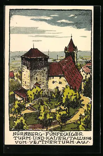 Steindruck-AK Nürnberg, Fünfeckiger Turm und Kaiserstallung vom Vestnerturm aus