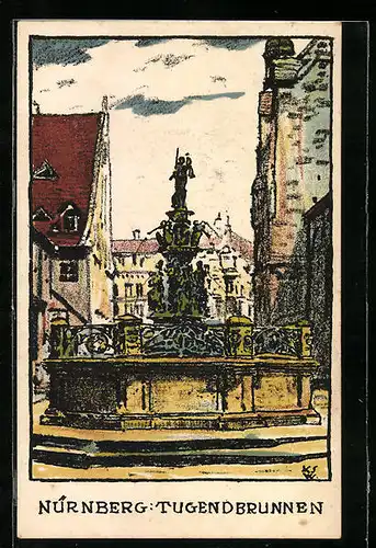 Steindruck-AK Nürnberg, Tugendbrunnen