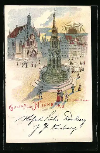 Sonnenschein-AK Nürnberg, Der Schöne Brunnen bei Sonnenaufgang