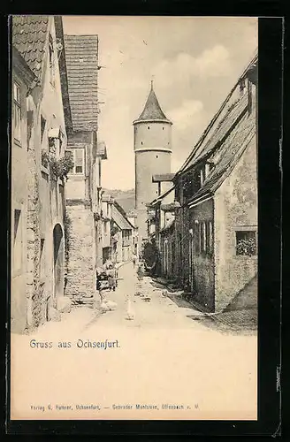 AK Ochsenfurt, Strassenpartie mit Turm
