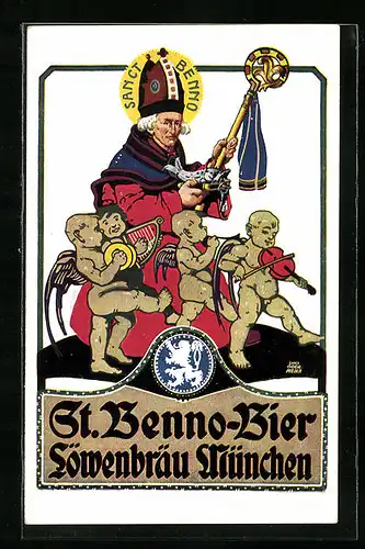 Künstler-AK Otto Obermeier: München, Sanct Benno mit Engeln - Brauerei-Werbung St. Bennobier