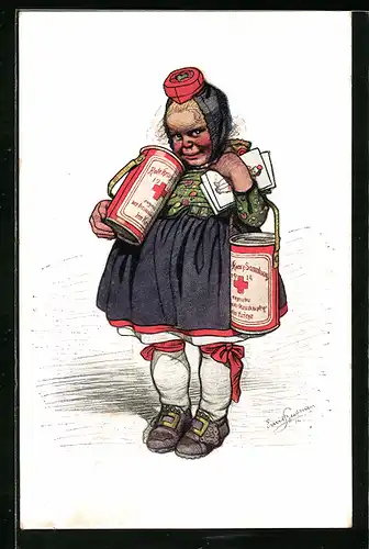 Künstler-AK Emil Beithan: Unansehnlich dargestelltes Mädchen mit Spendenbüchse des Roten Kreuzes
