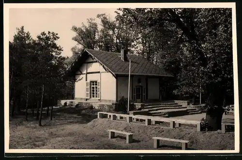 Fotografie Brück & Sohn Meissen, Ansicht Niederau, Partie am Gellerthaus mit der Freilichtbühne