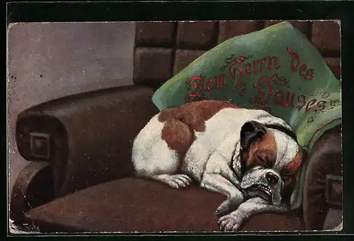 Künstler-AK Arthur Thiele unsign.: Bulldogge schläft auf dem Sessel