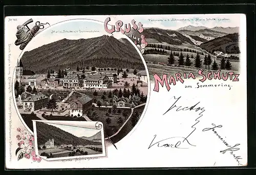 Lithographie Maria Schutz am Semmering, Teilansicht mit Sonnwendstein, Panorama a. d. Schneeberg vom Ort aus gesehen