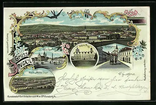 Lithographie Bruck a. L, K. u. k. Militär-Lager, Schloss Prugg, Kaiser Josef Platz