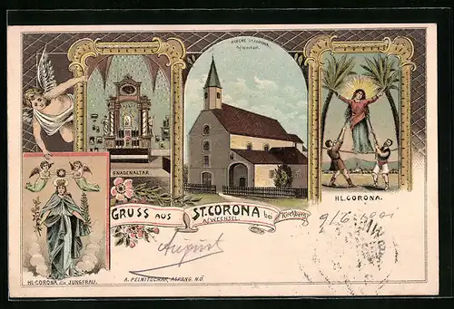 Lithographie Kirchberg a. Wechsel, Kirche St. Corona, Gnadenaltar, H. Corona die Jungfrau mit Englein