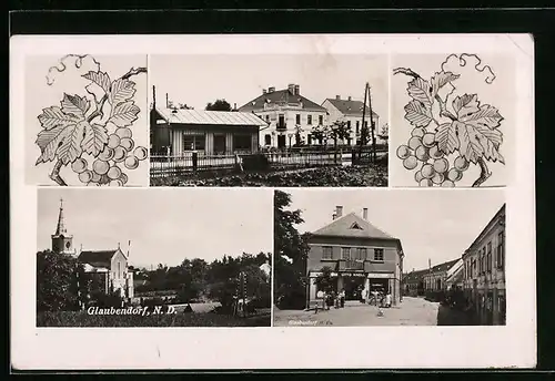 AK Glaubendorf, Geschäft von Otto Knell, Ortspartie mit Hotel, Kirche