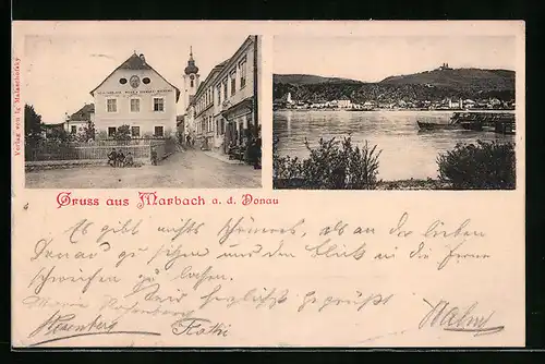 AK Marbach a. d. Donau, Weinhandlung und Bäckerei Weiss & Schwarz, Uferpartie mit Boot