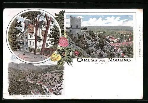 Lithographie Mödling, Hotel Hayjek, Klausen, Teilansicht mit Ruine