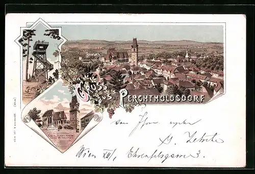 Lithographie Perchtoldsdorf, Teilansicht aus der Vogelschau, Kirche und Mariensäule am Marienplatz