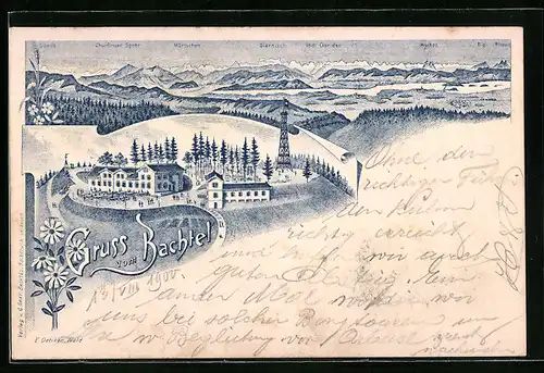 Lithographie Hinwil, Gasthaus auf dem Bachtel und Bergpanorama